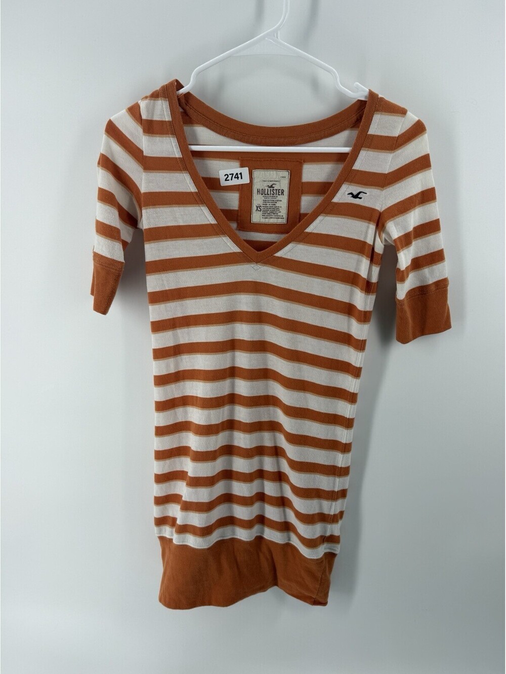Hollister Vintage Y2K Women Orange White Striped Scoop Neck 3/4 Sleeve Cotton XS